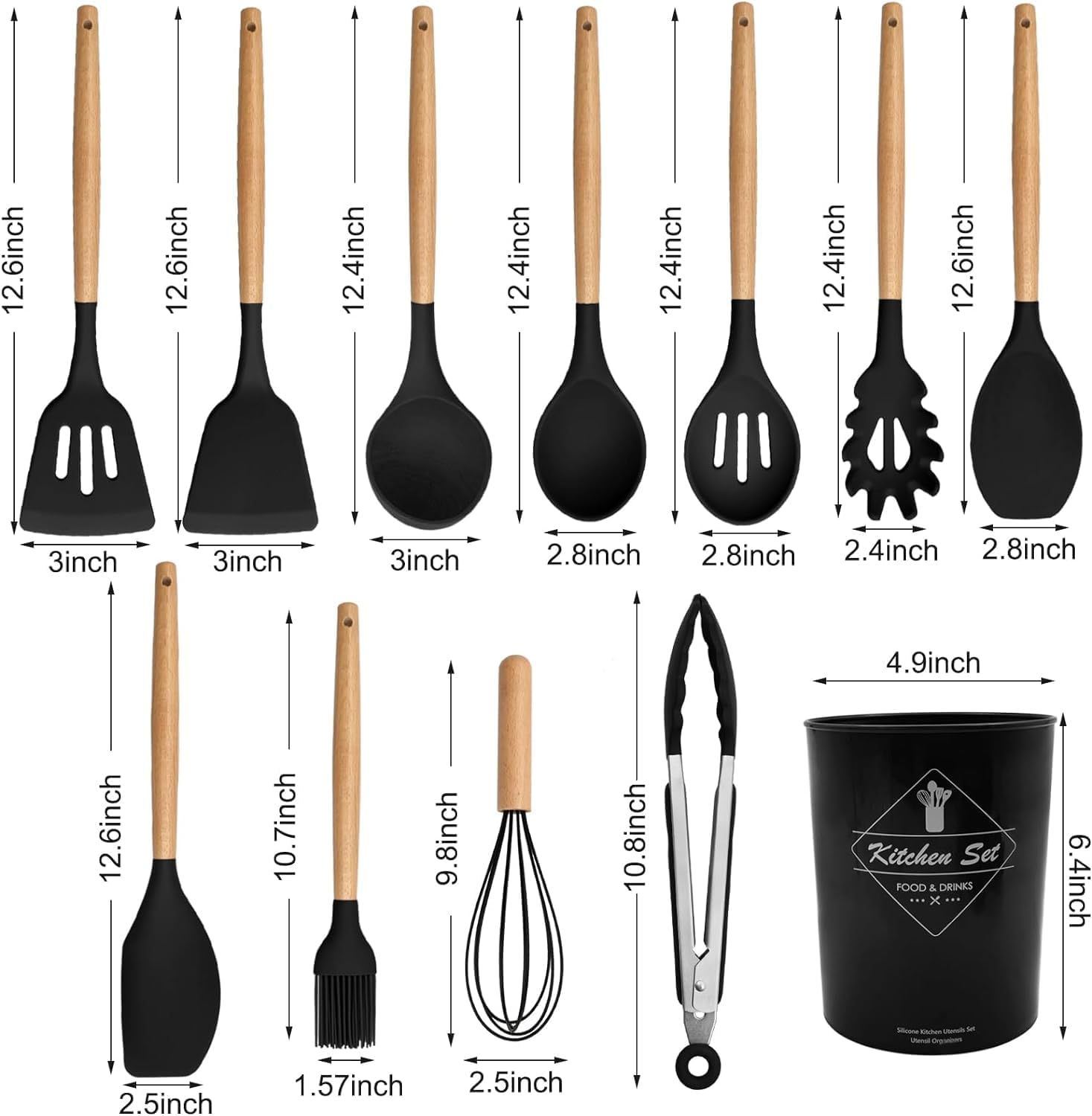 SKYTONE Silicone Spatula and Utensils Spoon Set 12-Piece Silicone Kitchen Cooking Utensils Set, Non-Stick Utensils Set Heat Resistant Easy Clean, BPA Free (Black)