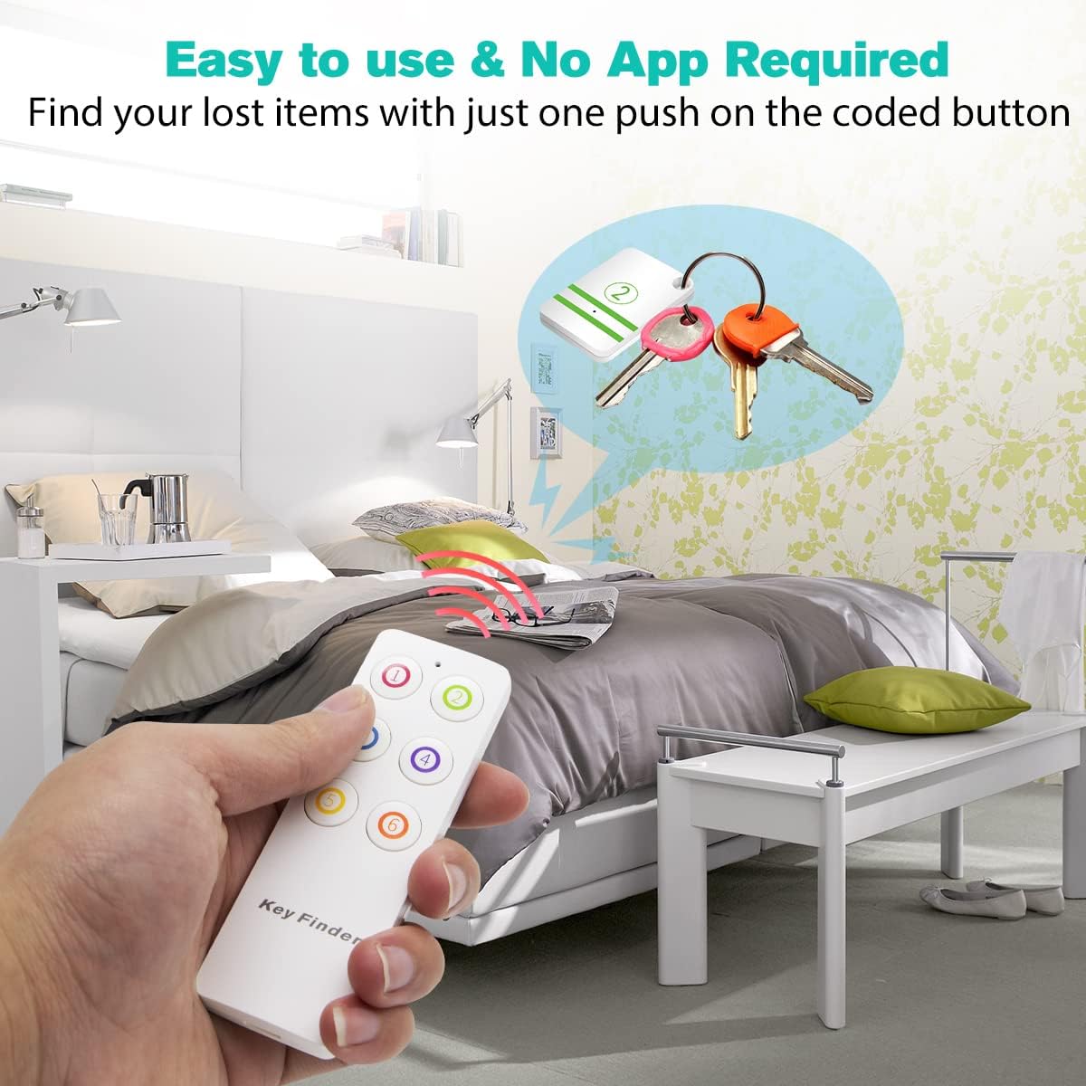 Key Finder Locator,Wireless RF Item Finder Key Tracker with 85DB Beeping Sound and 115 Feet Remote Control Locator Tags and Keychains (6 Receivers with Number White)