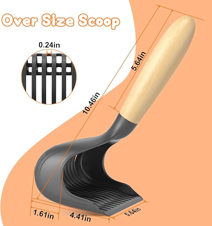 Overall, the Cat Litter Scooper for Litter Box with a 0.24 inch small slot, wooden handle, and heavy-duty construction, is an essential tool for cat owners to maintain a clean and sanitary environment for their feline companions. Its deep shovel design and durable material make it a practical and efficient choice for removing cat waste from the litter box. Description by ChatGPT.
