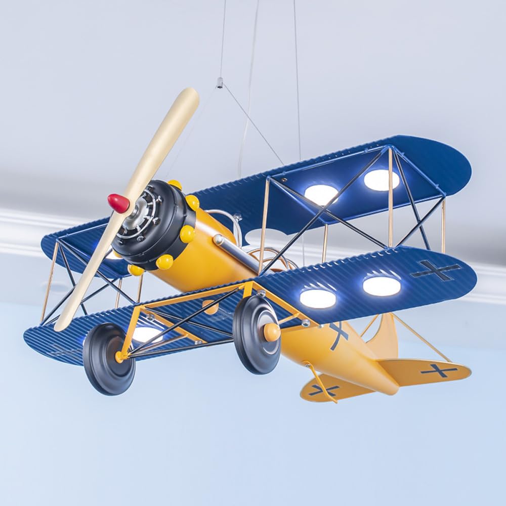 Abinlina Boys Blue+Yellow Vintage Airplane Dimmable Led Ceiling Pendant Light For Kids' Bedroom - Industrial Helicopter Design(Blue+Yellow)