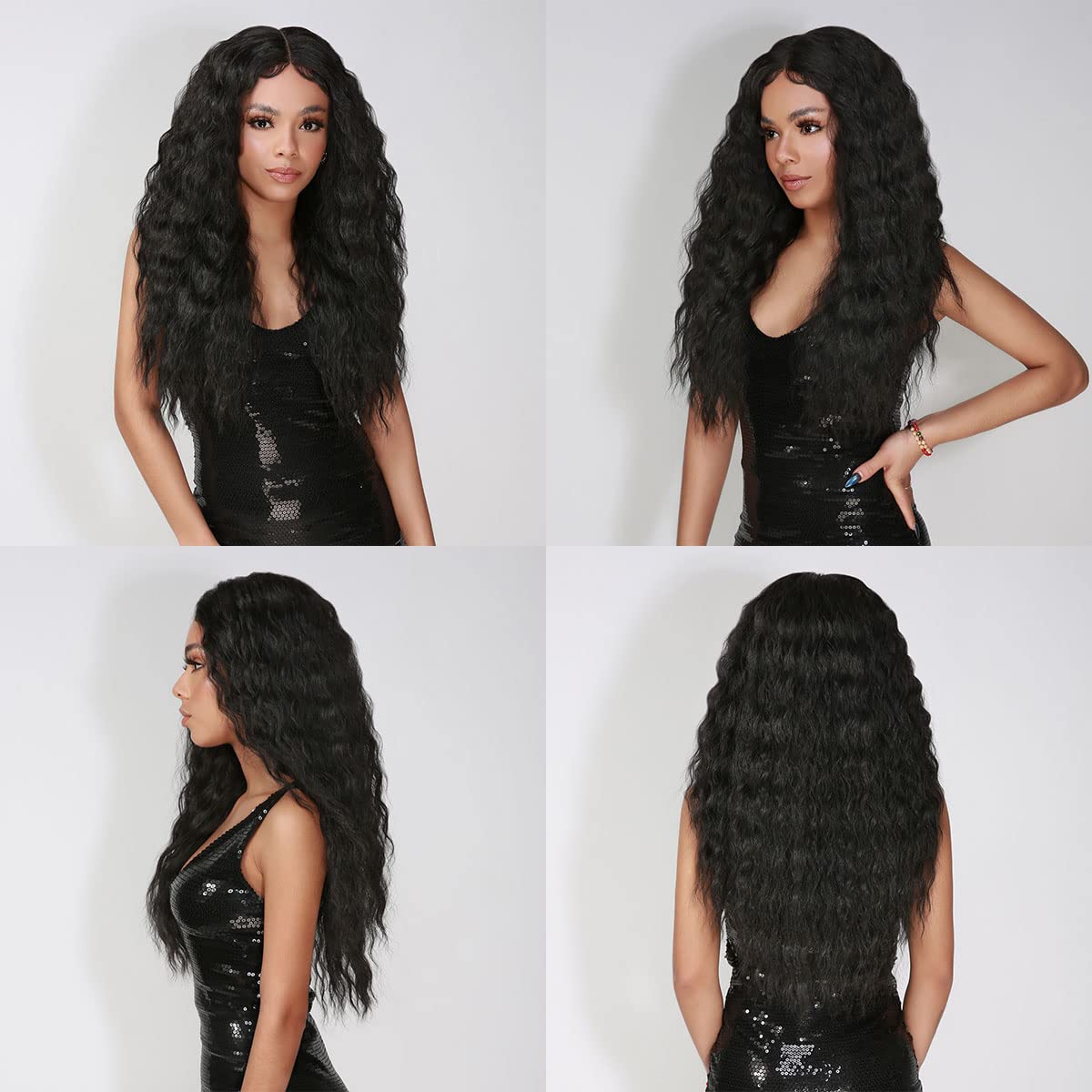 STUDIOCUT BY PROS 26 Inch Long Wavy Loose Deep Wave Swiss Lace Front Wig Middle Center Part Realistic Hairline for Black women Heat Resistant Synthetic Wig DPL004 (1B-Off Black)