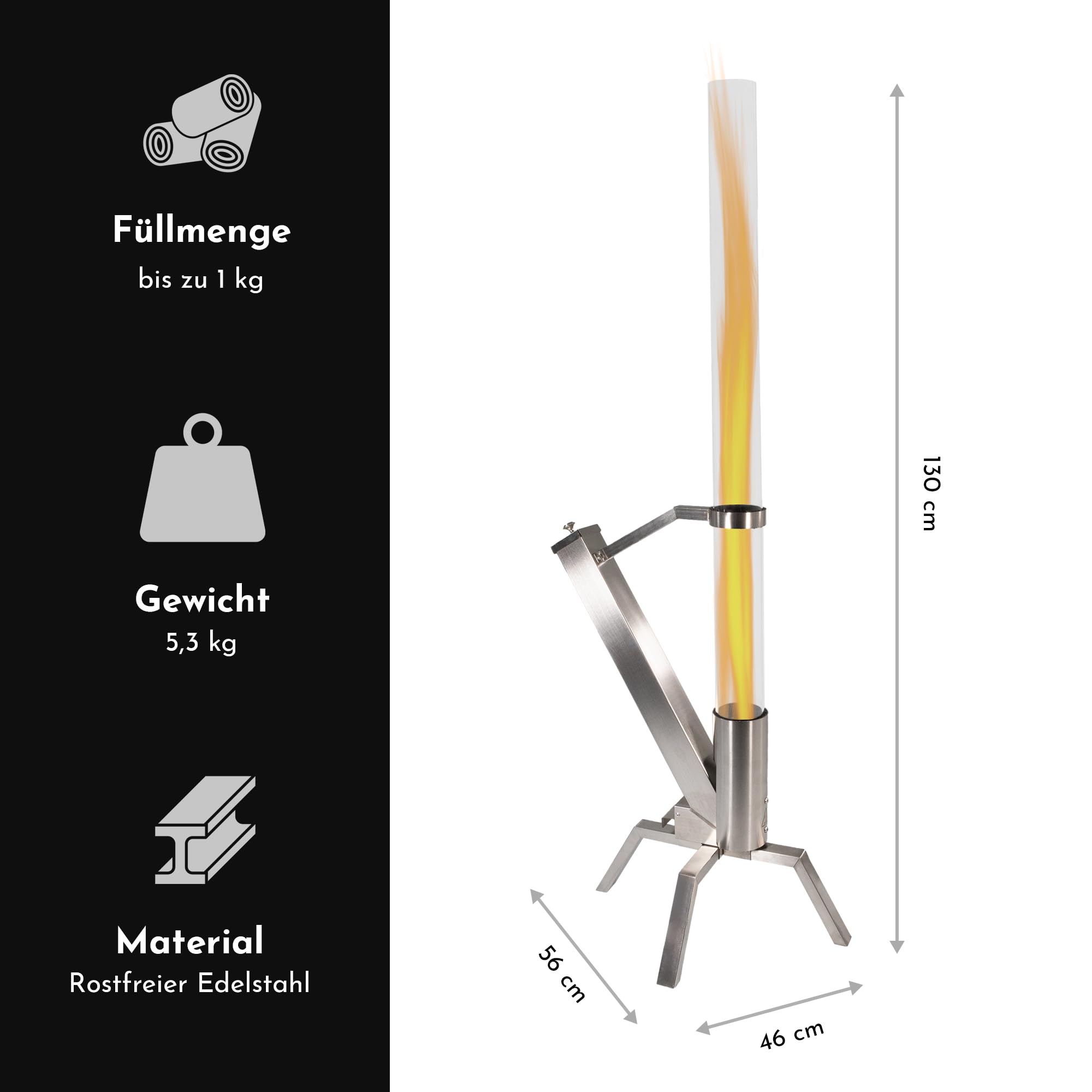 Pelletfackel Edelstahl mit Glasröhre, Feuerrohr Feuersäule mit ca. 75 Minuten Brenndauer, dekoratives Pelletfeuer für Garten & Terrasse, wetterfestes Terrassenfeuer für gemütliche Abende
