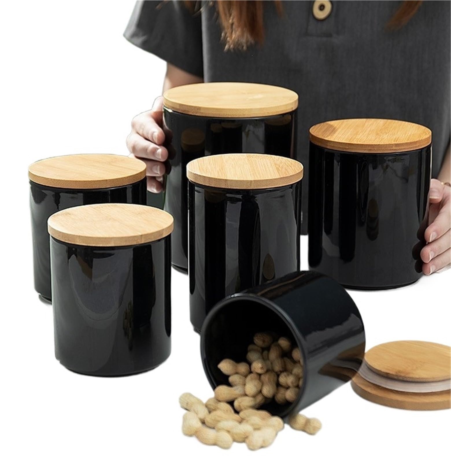 Boîtes de rangement en céramique pour grains de café 500/800/1900 ml avec couvercle en bambou (vert, 1900 ml)