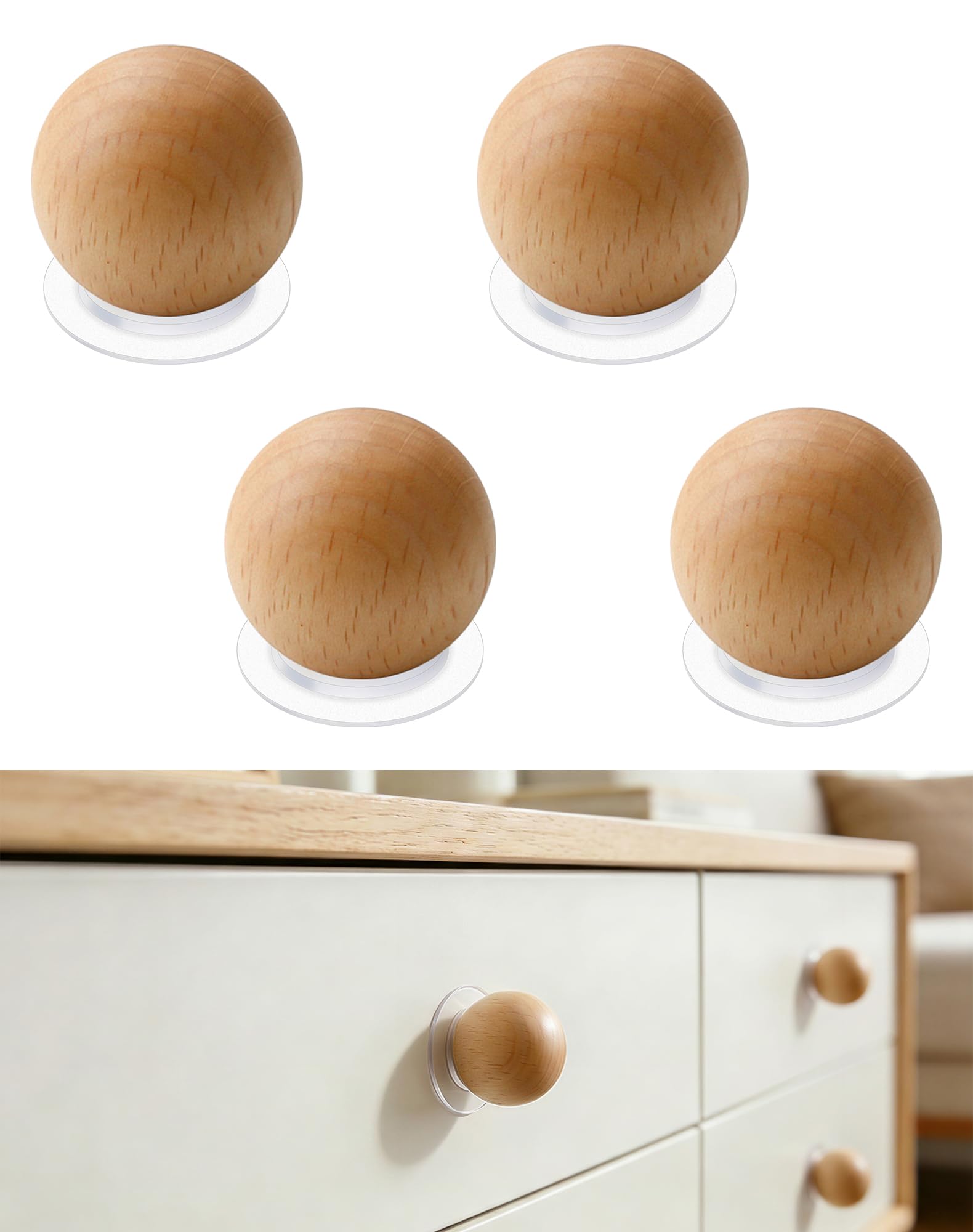 CcHhyyt 4 Pack Self Adhesive Knobs Wooden Stick On Drawer Pulls Natural Wood Cabinet Knobs Peel and Stick Handles Drill Free Round Ball Wooden Door Pull for Cupboard Closet Nursery Dressers โ image 1