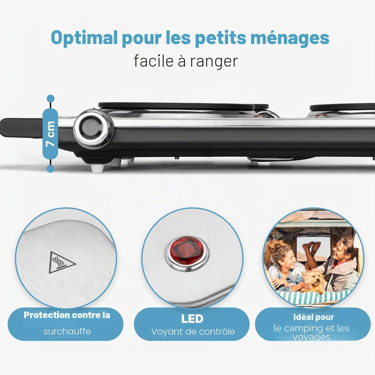 Clatronic Double plaque de cuisson DKP 3668 E, pour le camping, la cuisine ou le bureau, deux plaques de cuisson, thermostats réglables en continu, poignées Cool Touch, inox