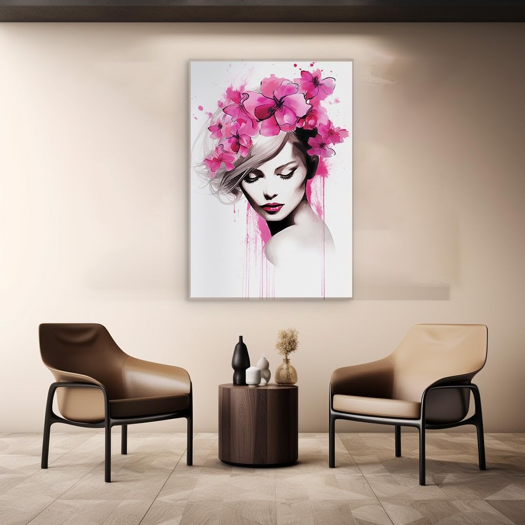 Canvas for Living room. Whispers of Serenity: A Woman's Tranquil Reverie in Blossoms and Hues, 27 x 18 inch Canvas Wall Art - Ready to Hang