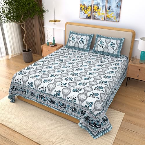 Image of India 100% Pure Cotton Jaipuri Printed Double Bedsheet with 2 Pillow Covers | Traditional Sanganeri Floral Design | Soft Breathable Fabric | King Size Bedsheet for Bedroom (Kaya50)