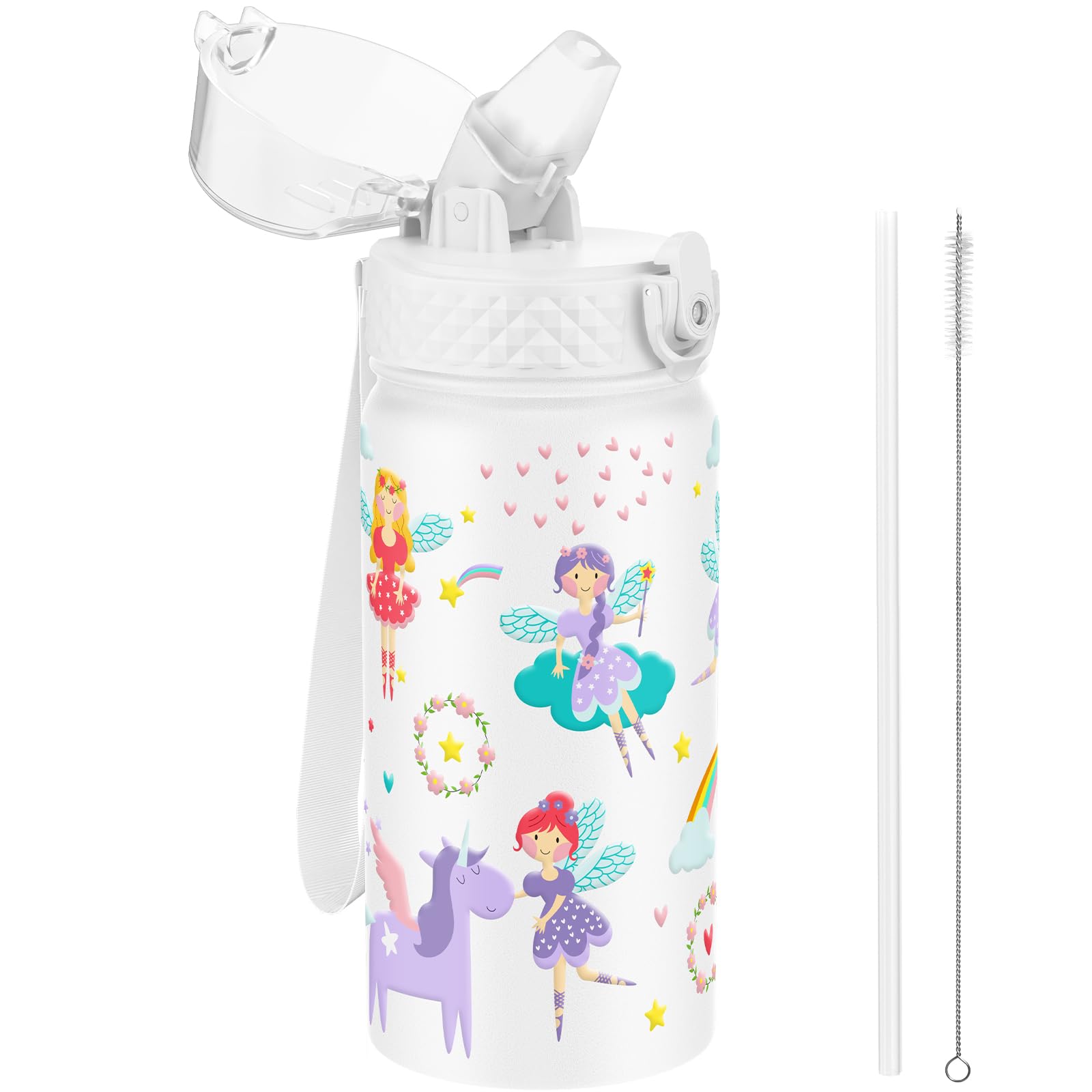 GOPPUS 420ml/14oz Kids Insulated Water Bottle with Straw Cute Double Wall Stainless Steel Child's Small Flask Vacuum Insulated Steel Metal Leak Proof Drink Flask Boys Toddler Girls Bottles BPA-Free