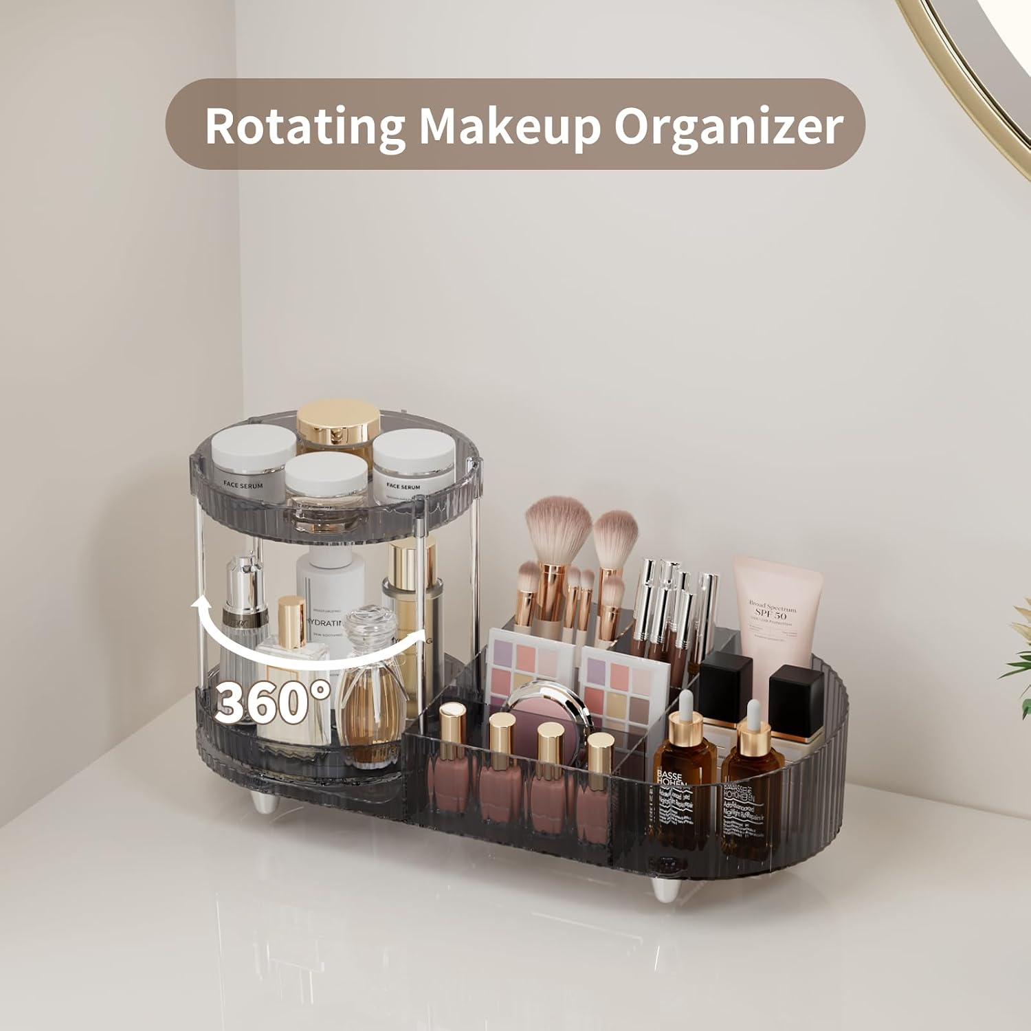360 Rotating Makeup Organizer Countertop for Vanity, 2 Perfume Tray with 5-Compartment Cosmetic and Skincare Organizers, Multi-Purpose Desk Storage Makeup Brush Holder for Bathroom Bedroom Counter thumbnail