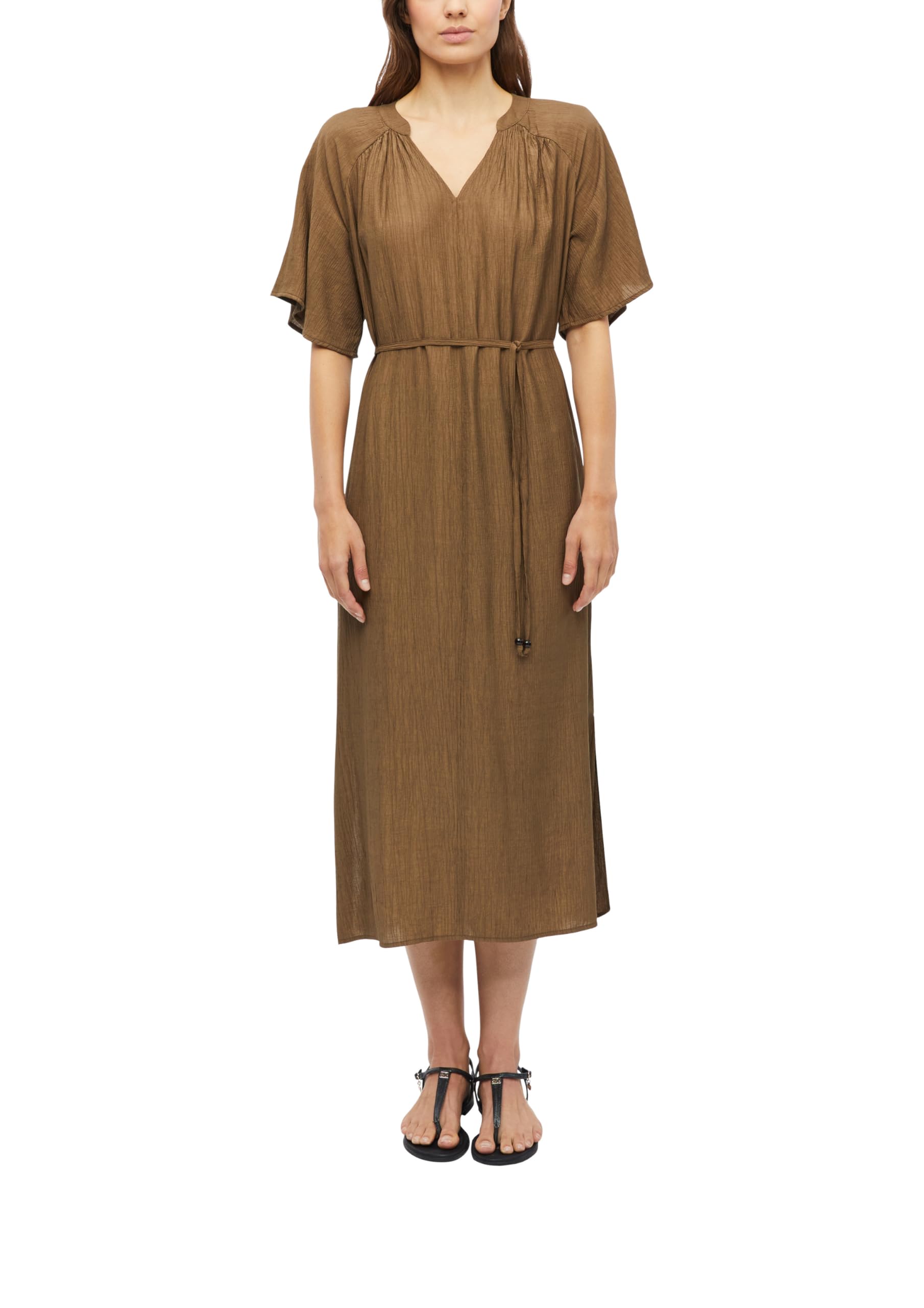 s.Oliver Damen Midi-Kleid – Relaxed Fit, strukturiert, Raffung, Bindegürtel, V-Ausschnitt