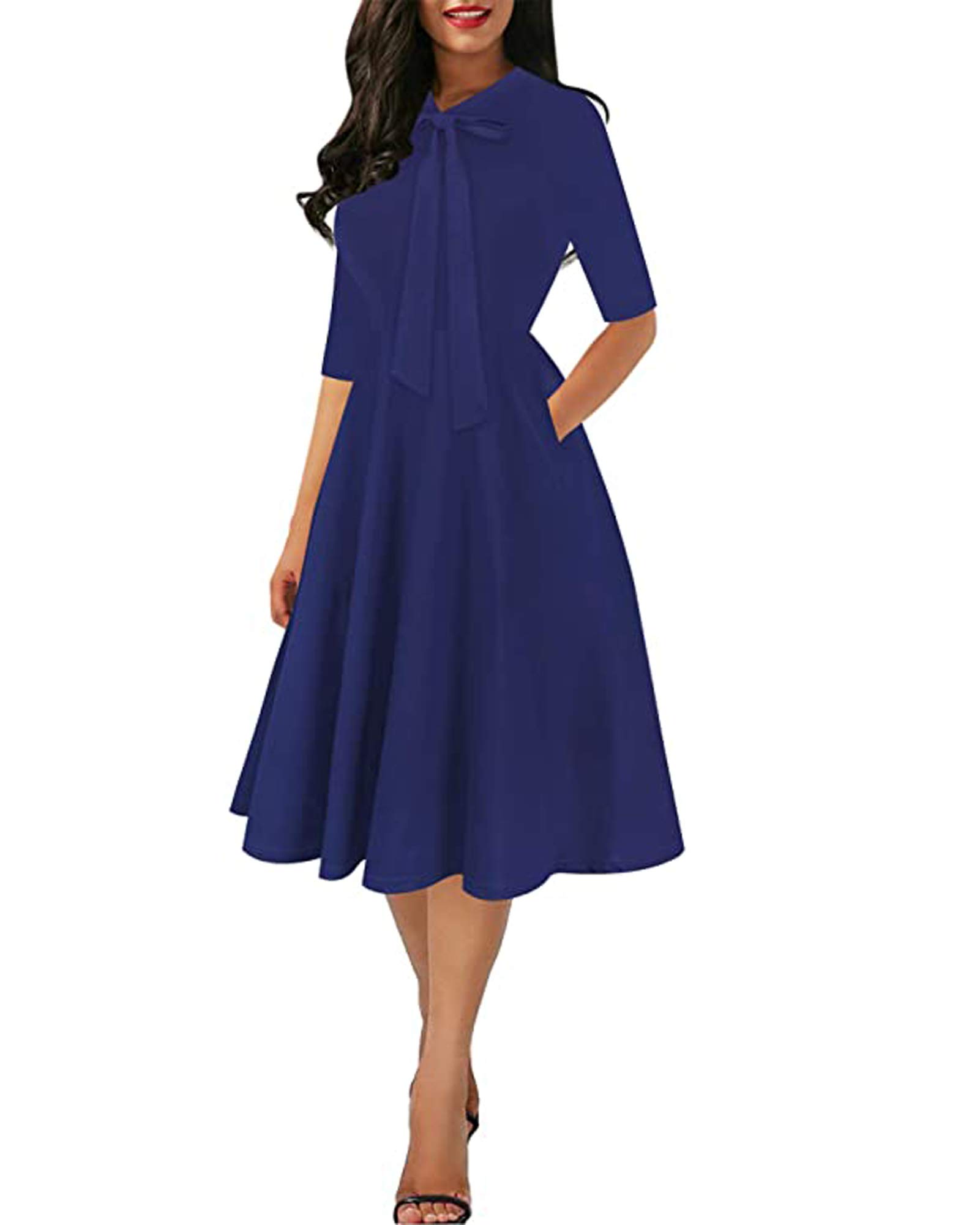 Womens Casual Half Sleeve Bow Tie V Neck with Pockets A-Line Flared Swing Summer Midi Dresses SK378