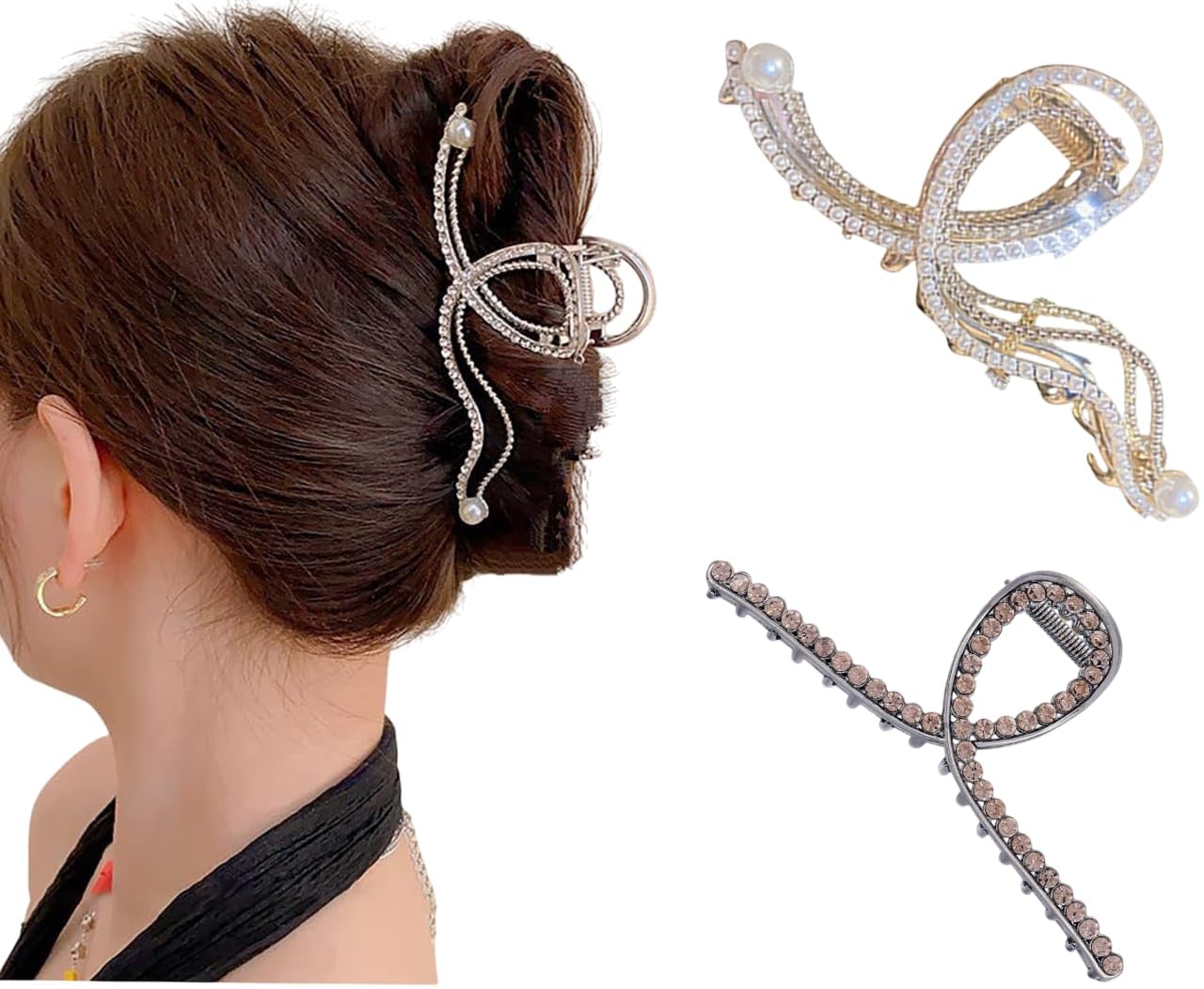 MISS LIRENN® 02 PCS Elegant Hair Claw Clip with Rhinestones and Pearl Accents, Metal Non-Slip Hair Clamp, Fashion Hair Accessory, Black and Golden (Multicolor1)