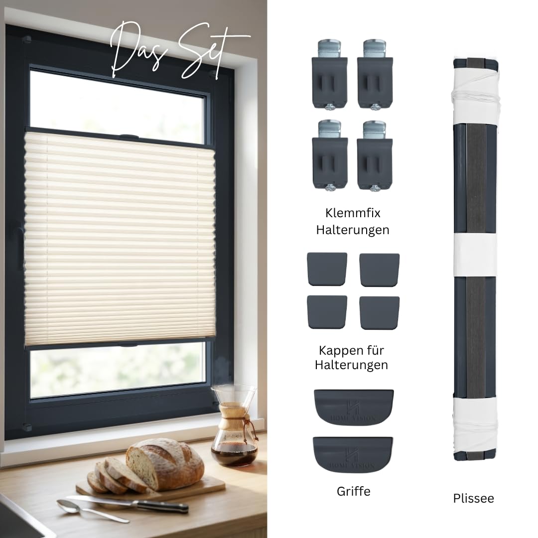 Home-Vision Premium Plissee Klemmfix Graphit B95 x H200cm Profil Anthrazit | Ohne Bohren Sonnenschutz & Sichtschutz Faltrollo Easyfix Klemmträger für Fenster und Tür