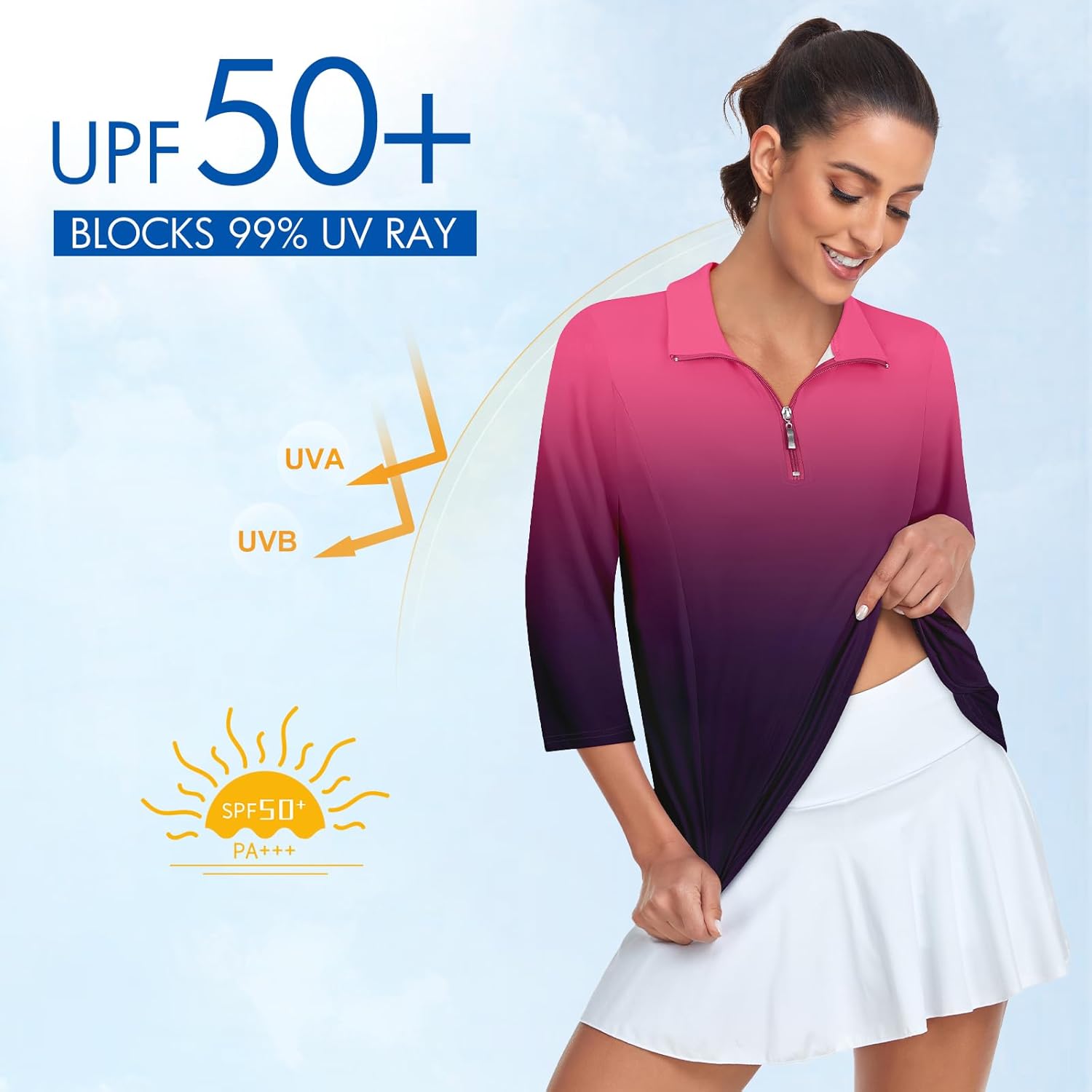 Tanst Sky Womens Golf Polo Shirts Zipper 3/4 Sleeve Moisture Wicking Tops UPF 50+ Workout Tennis Apparel - Image 4