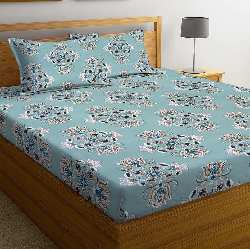 Image of la' amour Cotton Flat Double Bedsheets with 2 King Size Pillow Covers | Double Bed Breathable | Wrinklefree | Ultrasoft 180-220 tc Supersoft Floral | 90x90 Inches, Sky Blue