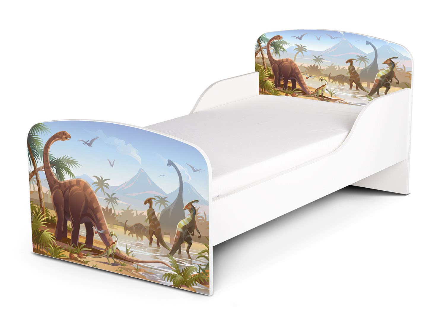 leomark Letto per bambini in legno, lettino con materasso, magnifiche stampe, spazio per dormire 140x70 cm, mobili per bambini, rete a doghe, atrezzatura stanza per bambino, motivo: DINOSAURI