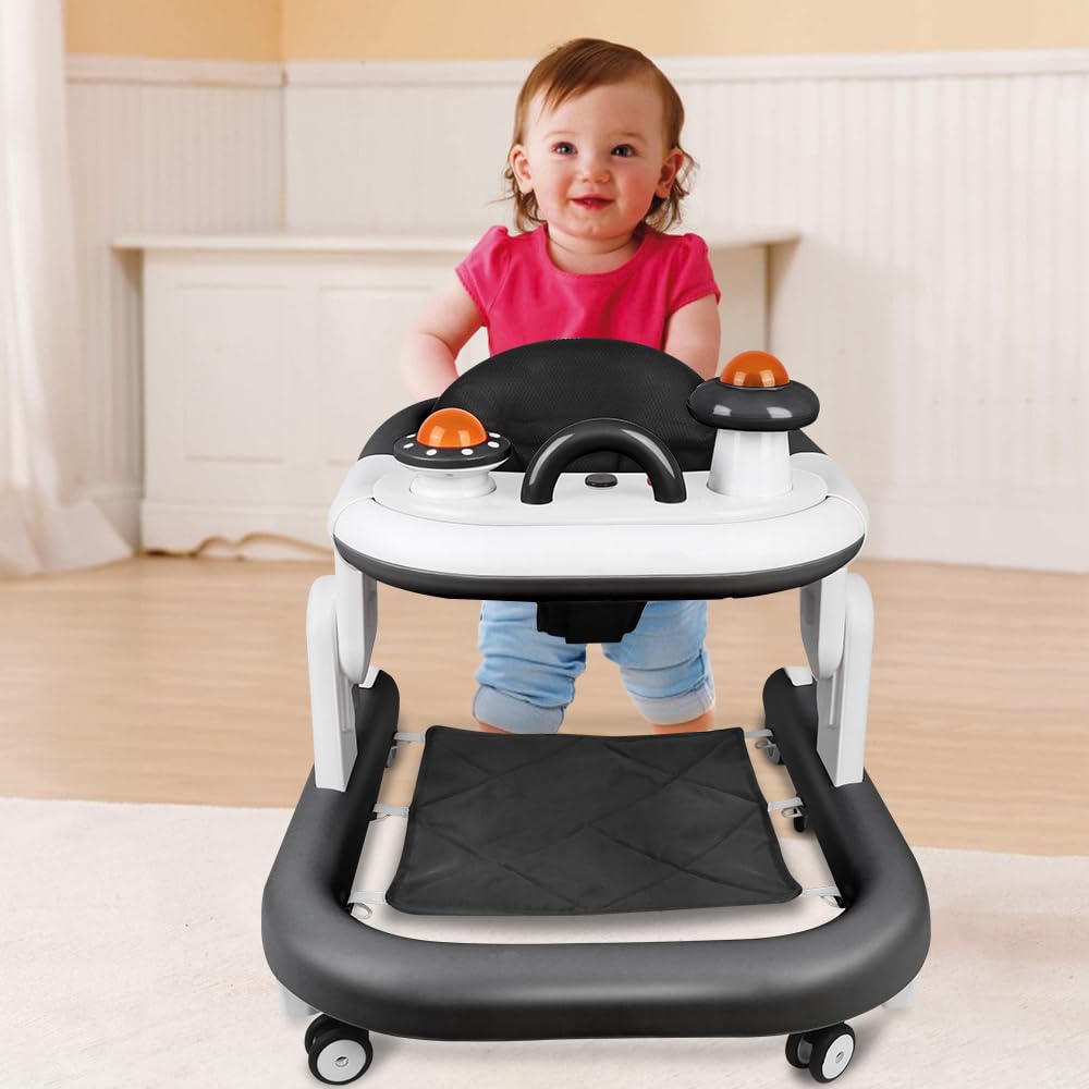 Wózek do nauki chodzenia z muzyką, bez chodzenia Baby Walker od 6 miesięcy, składany wózek edukacyjny, 3-stopniowa regulacja wysokości z poduszką na stopy (czarny)