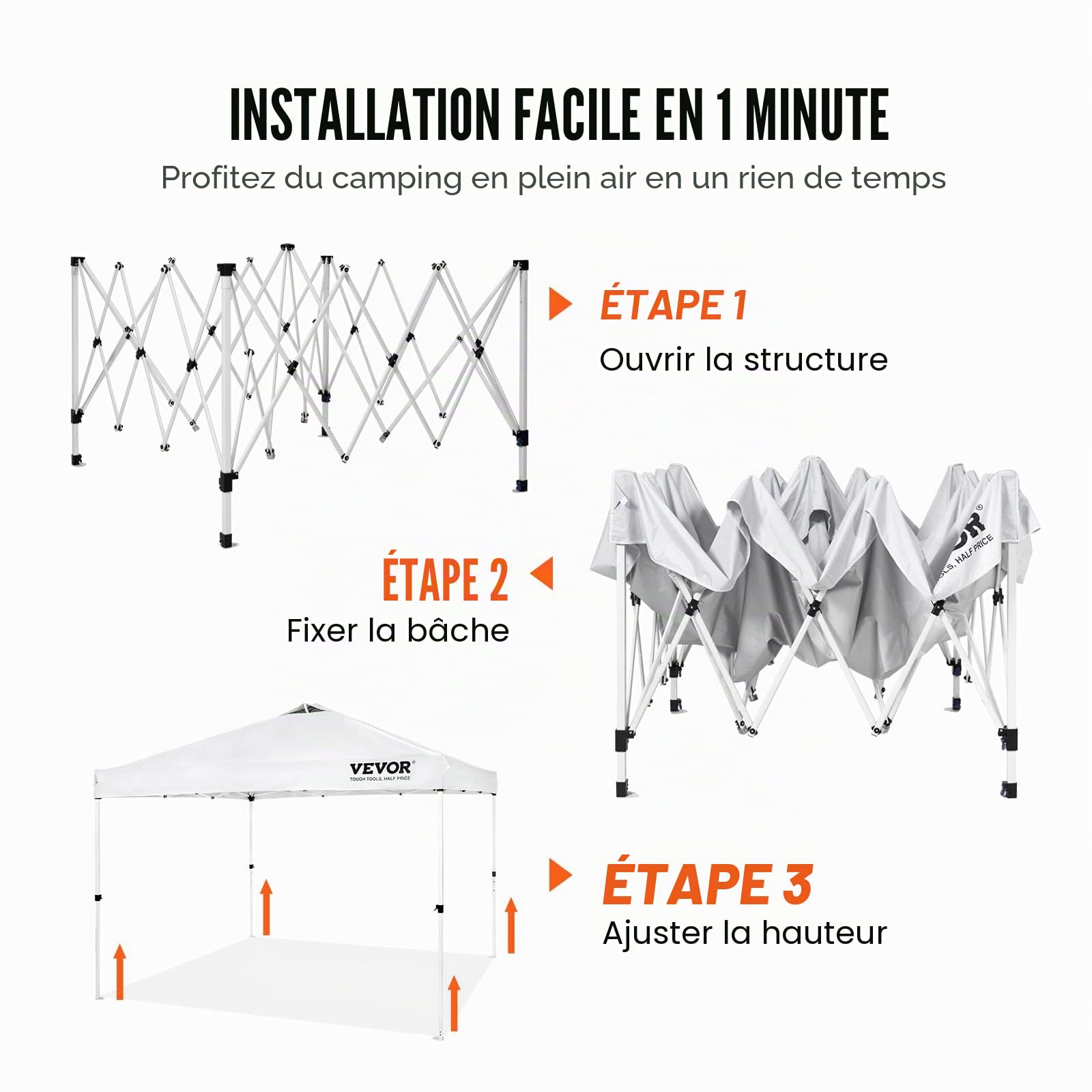 VEVOR Tonnelle Pop-up 304,8x304,8 cm Tonnelle Auvent Jardin Bâche Enduit Argenté PU 250D Sac à roulettes Portable 4 Sacs de Sable Abri Solaire Imperméable pour Plein Air, Plage, Fête, Camping, Blanc