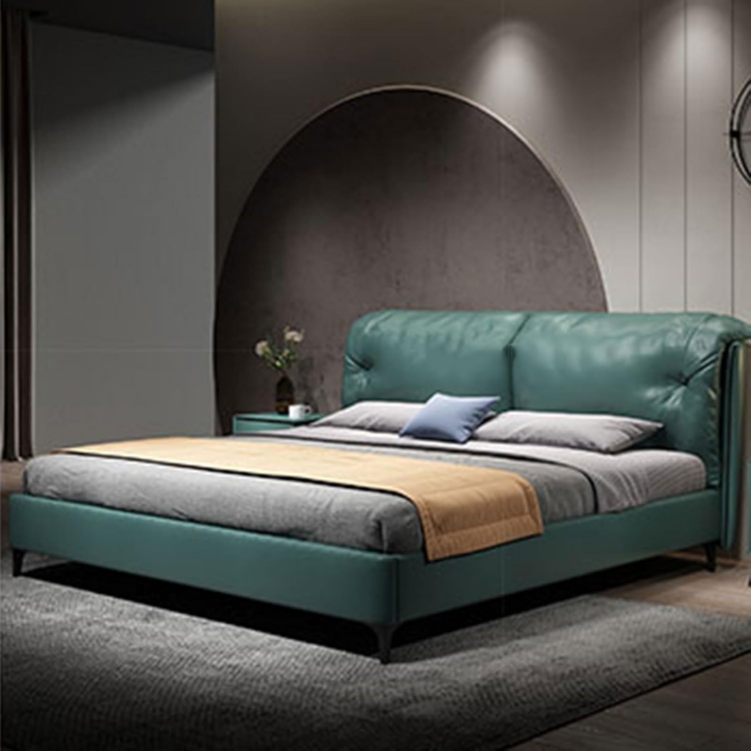 Green Leather Modern Light Luxury Full Size Bed Frame Ergonomic Upholstered Headboard Wooden Slats Support Noise-Free