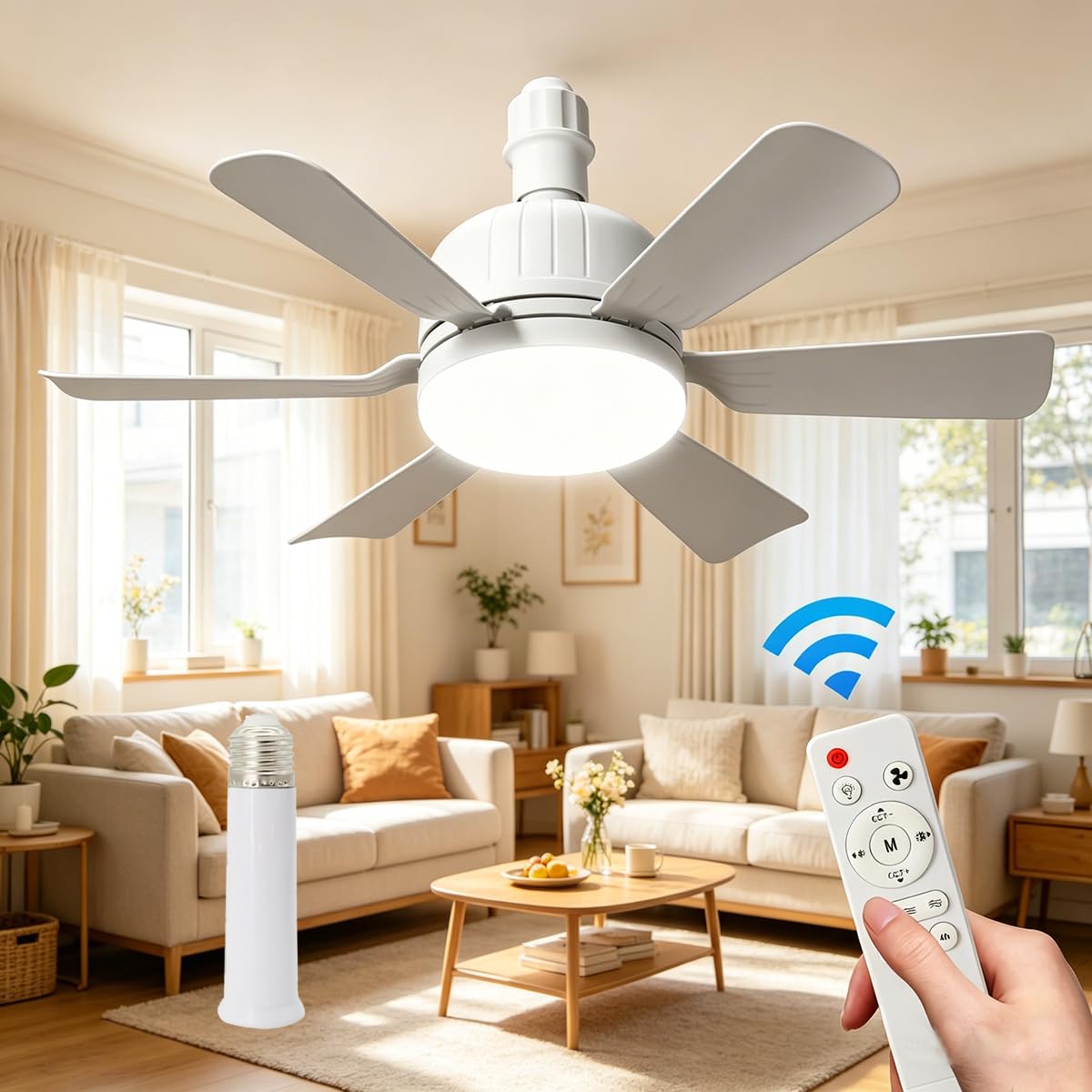 OEHUG Ceiling Fan with Light and Remote Control,Ceiling Fan Light Bulb Bayonet Fitting,Ceiling Fans Lights Dimmable, E27 Ceilings Lamp with 6 Blade, 3 Speed Timing (White+Extension Rods)