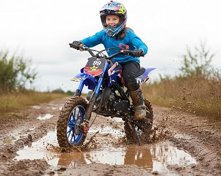 49cc 2-Stroke Kids Dirt Bike, Gas Powered Mini Motorcycle, Off-Road Pocket Motocross, 10 Inch Tires, Front & Rear Disc Brakes, Racing Speed 40KM/H, Max Load Up to 330LBS Blue