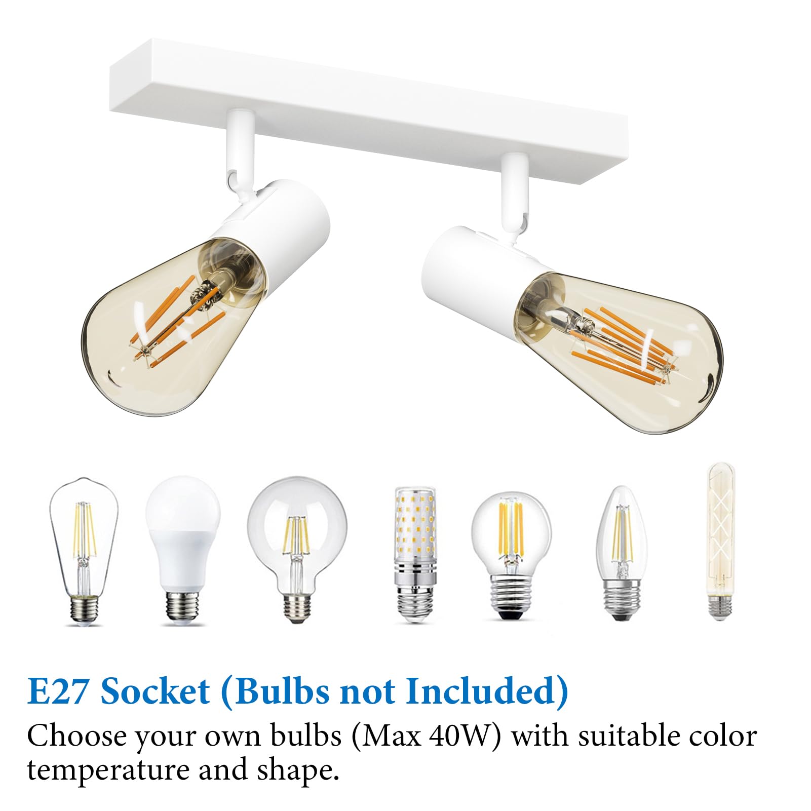 Klighten Faretti da Soffitto Orientabili Bianco con 2 Attacco E27, Vintage Industriale Plafoniera 2 Luci Interno, lampada Soffitto per Cucina, Soggiorno, Camera da Letto, 26cm, Lampadina non Inclusa