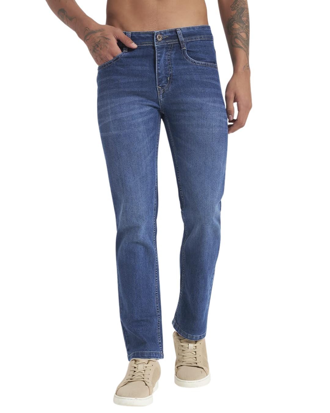 divicasa Men’s Regular Fit Jeans | Cotton Blend Stretchable Denim | Light Blue Monkey Wash Casual Jeans for Men-picture-26