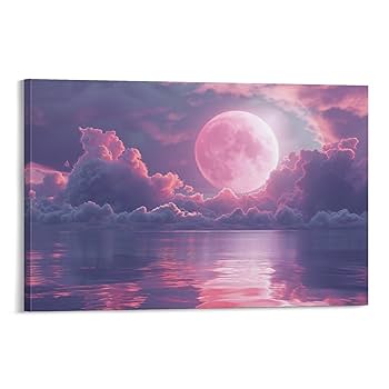 ピンクインテリア 海の風景 テクスチャーアート 海の絵 海 海アート Amazon.co.jp: 絵画 海のピンクの月インテリア 絵画 魅力的な色