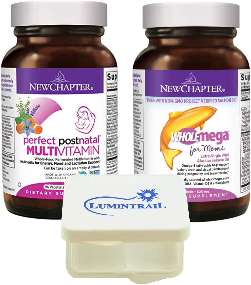 New Chapter Perfect Postnatal MultiVitamin Lactation Supplement and Wholemega for Moms Fish Oil Supplement Organic Non-GMO Ingredients Bundle with a Lumintrail Pill Case