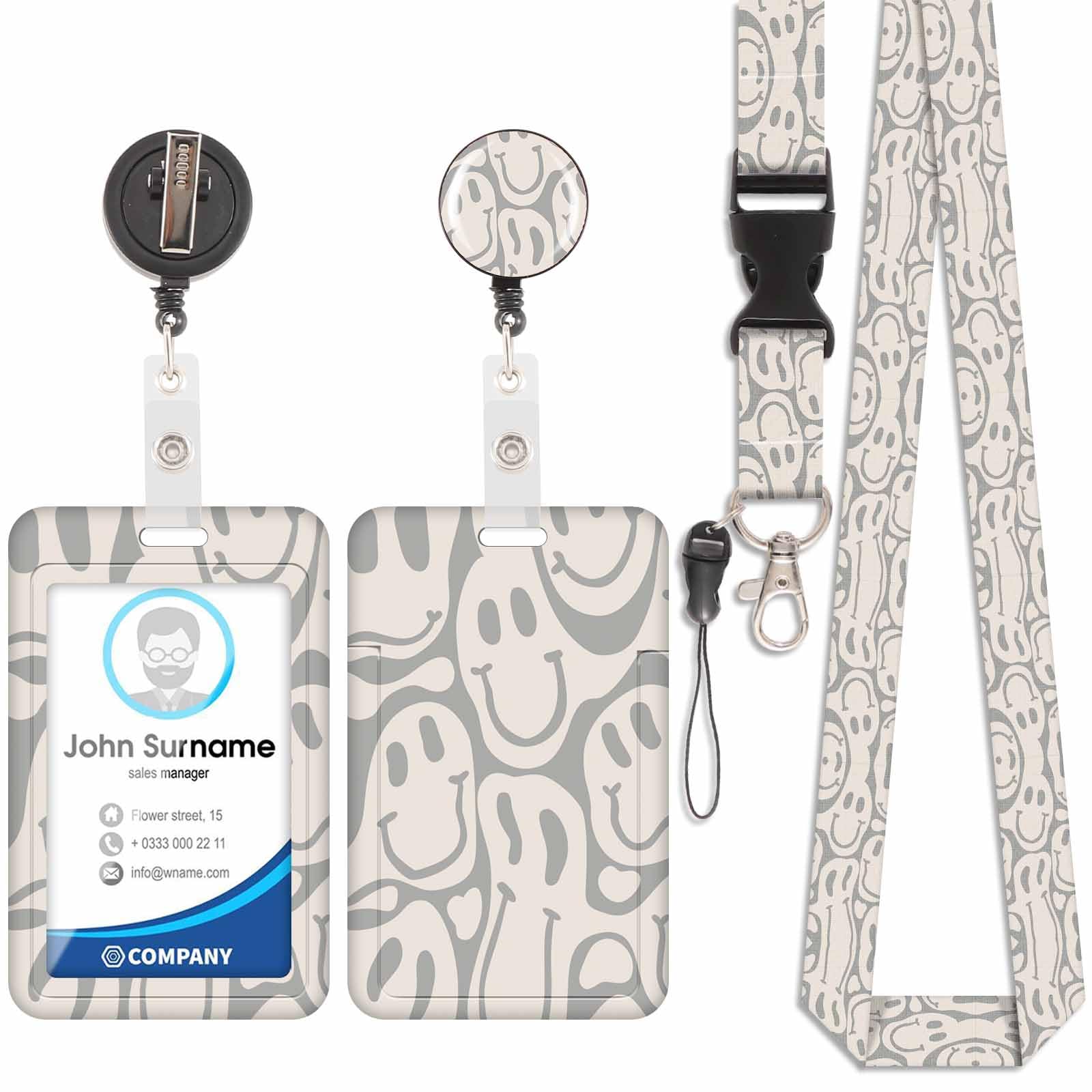 Badge Holder with Lanyard, ID Badge Holders with Detachable Cute Lanyard, Retractable Badge Reel Carabiner Clip, Personalized Card Cover Case Protector for Nurse Teacher Student (Smiley-Cream-1)