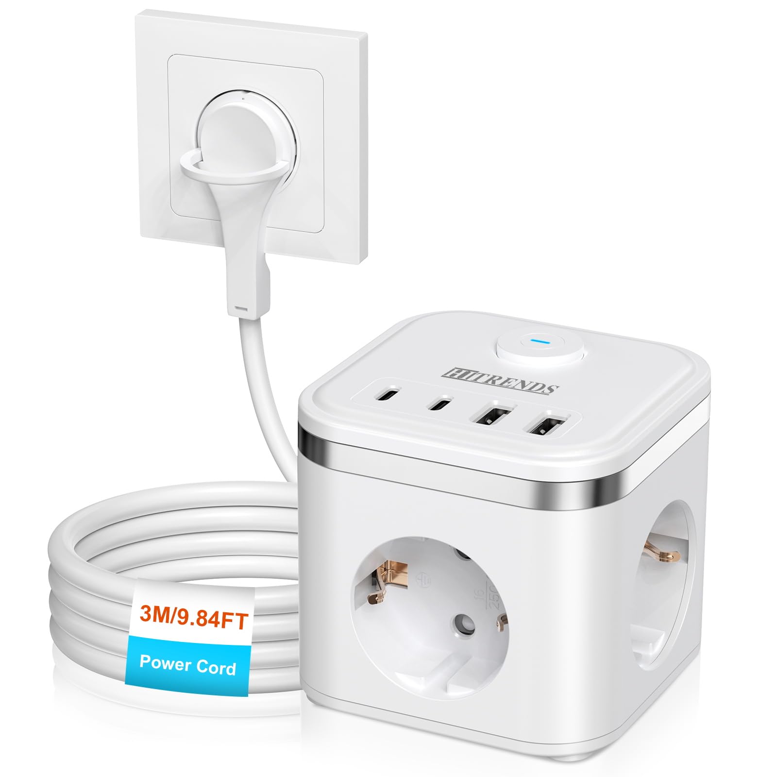 7-in-1 Socket Cube with Cable 3 m, 2 USB-A and 2 USB-C, Power Strip Cube 3 Compartments with Switch, Flat Connector with Pull Ring for Home/Office/Travel, White