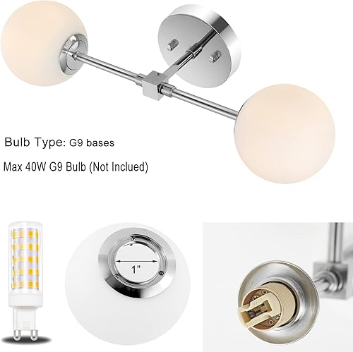 Miniatura 5 de BAODEN Moderno aplique de pared de 2 luces industrial de mediados de siglo para cuarto de baño con pantalla de cristal de globo blanco, accesorio de