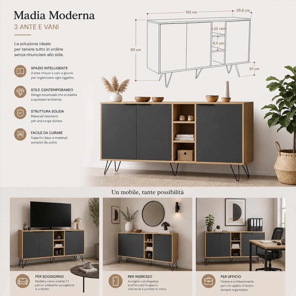 Shally Dogan Madia Moderna 3 Ante e Vani, Credenza Design Moderno, Struttura Resistente Salvaspazio, Ideale per Ingresso, Casa, Ufficio, Camera da Letto, Soggiorno, 143 x 83 cm (Rovere e Antracite)
