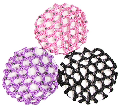 Ballet Bun Cover, Bun Hair Nets for Women and Teens - HipGirl No Crease Ouchless Stretchy Elastic Styling Hair Net for Bun, Dance Competition Accessories (3pc Rhinestone Hairnet for Bun)