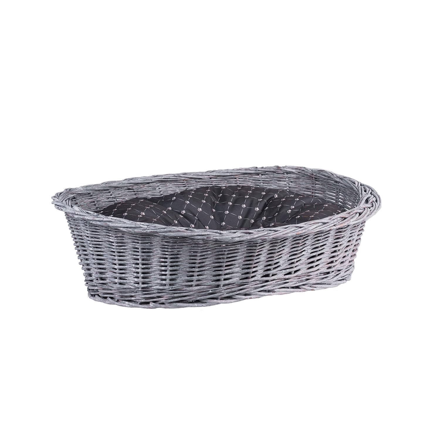 Cesta para perros de mimbre para perros y gatos, cama para perros y gatos, cama con cojín, cesta para animales trenzada, cesta para gatos (gris_negro, 80 x 60 cm, altura 26)