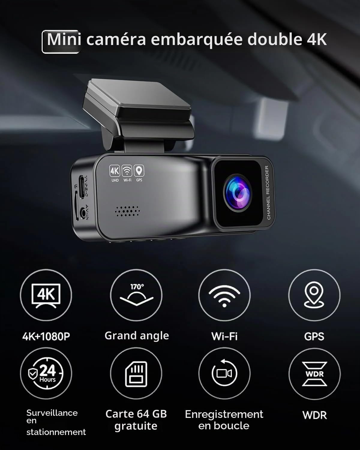 Dashcam Osmo Pro 4K Avant/Arrière - WiFi 5,8 GHz, GPS, 170° - Stationnement - Carte 64 Go Incluse