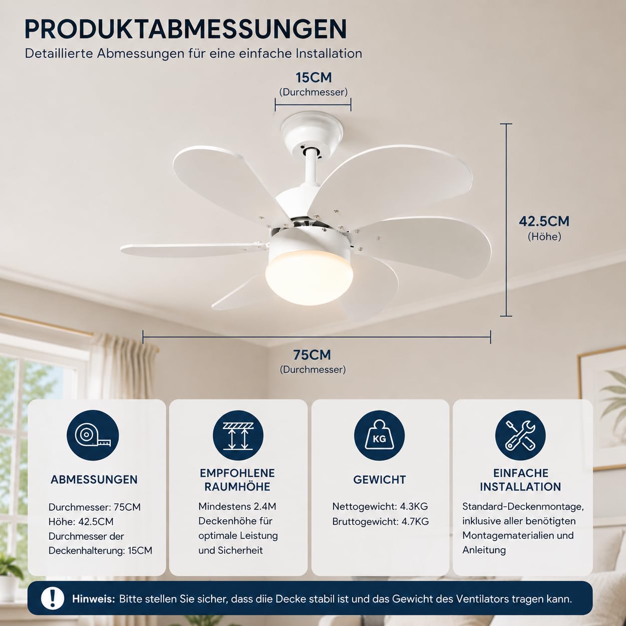 Homefire Deckenventilator Mit Beleuchtung und Fernbedienung Leise - Deckenlampe Wohnzimmer 6 Flügeln Ventilator Ø75 cm Timing Deckenleuchte Fan Sommer-/Winter für Schlafzimmer Küche Esszimmer/Weiß