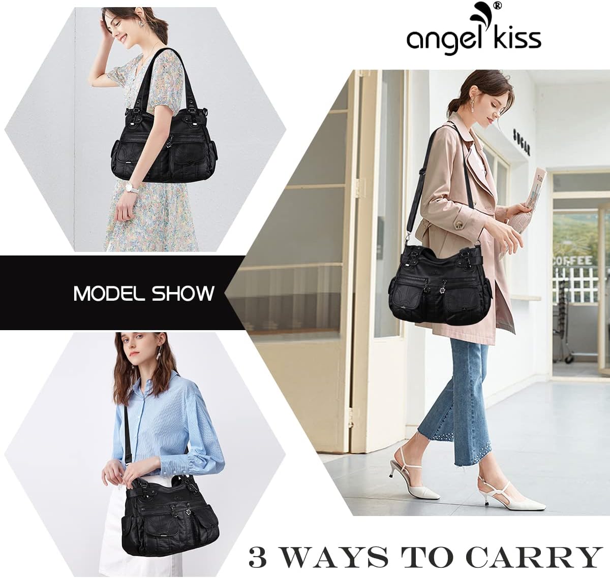 Angel Kiss Women's Designer Handbag Large Double Zipper Multi Pocket Washed Leather Purse - Image 7