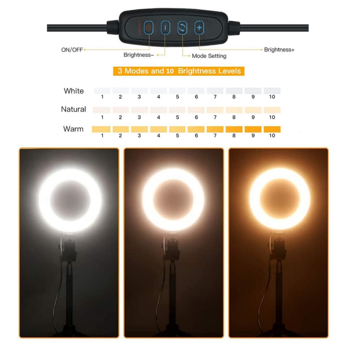 Luce ad Anello LED con Treppiede e Maniglia, Nero, Plastico