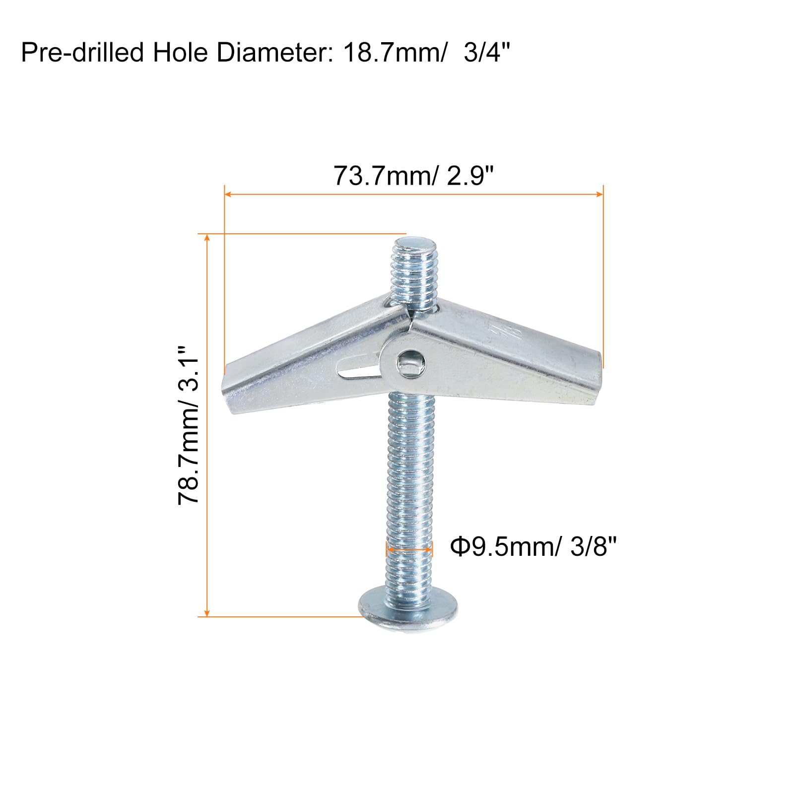 uxcell 20 tasselli a molla a levetta, 3/8 "x3" Ancoraggi a farfalla filettatura maschio caricato a molla a parete cava testa rotonda bullone a levetta