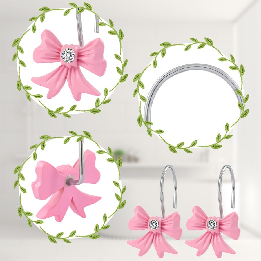 Pink Bow Knot Shower Curtain Hooks, 12 PCS Cute Girl Decorative Shower Curtain Rings, Resin Shower Hanger for Bathroom, Bedroom, Baby Room, Art Decor