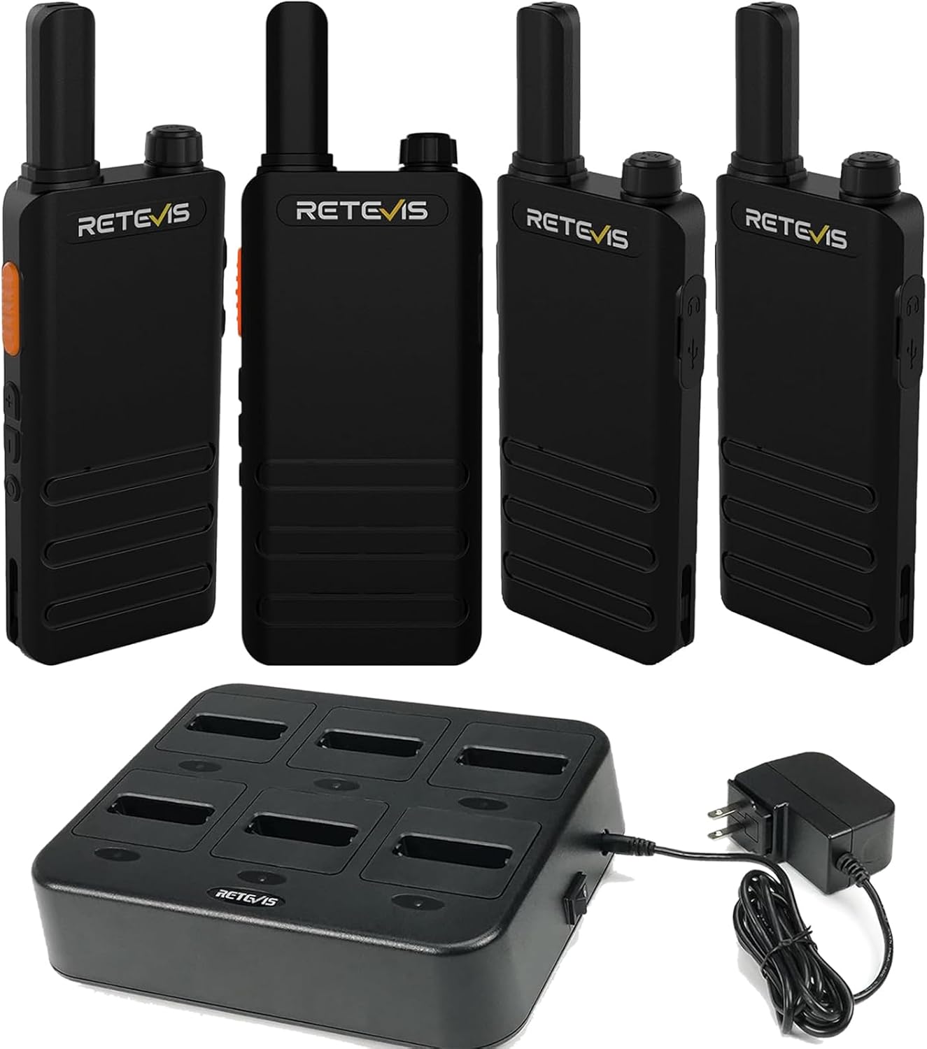 Retevis RT22P(4 Pack) Bundle with Six-Way Charger(1 Pack),New Version of RT22(2.0),Rechargeable Walkie Talkies for Adults,Compact FRS Two-Way Radios,VOX Handsfree,1620mAh Large Battery,USB C Charger