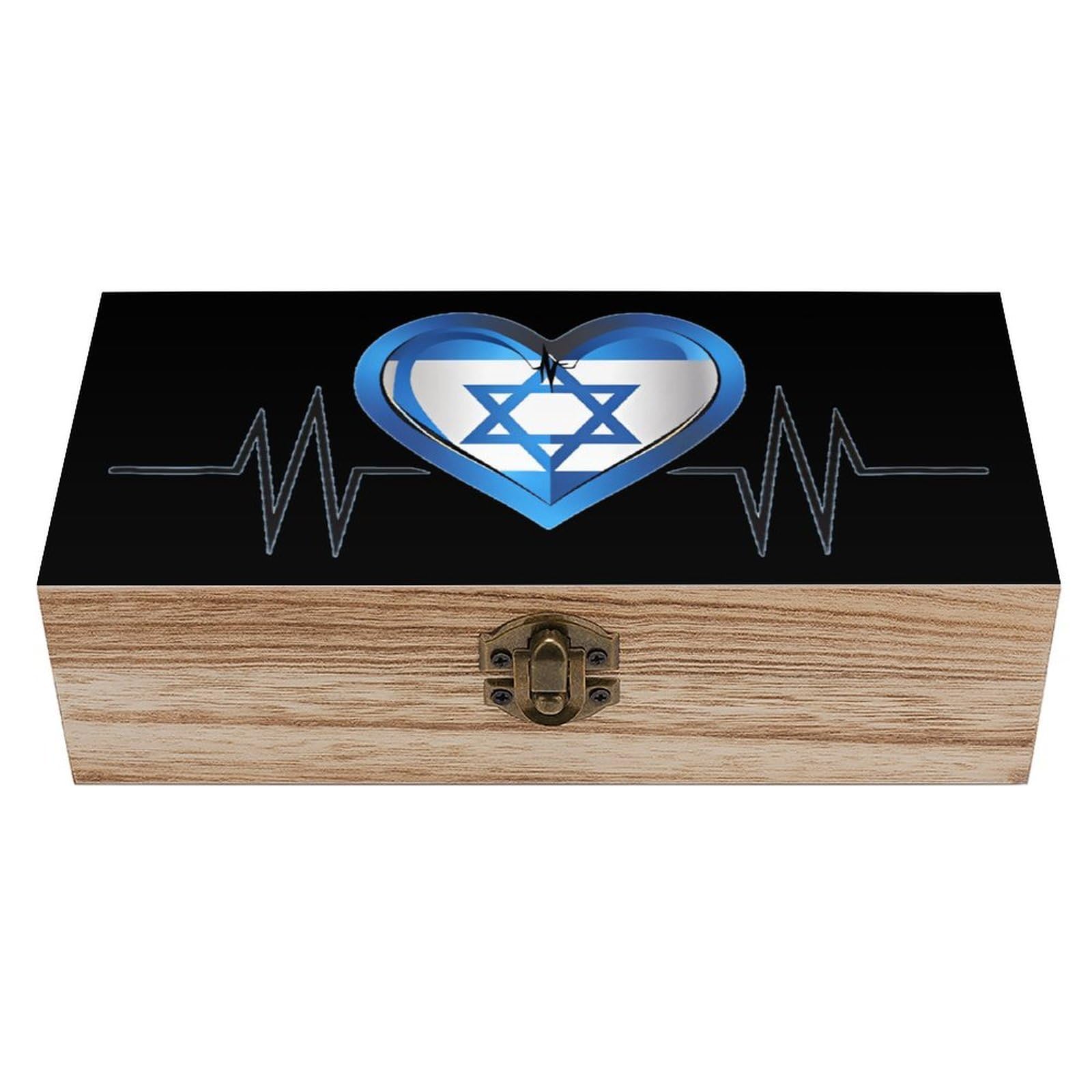 Cgsbngha Style Israeli Heartbeat I Love Israel Flag Wooden Storage Boxes With Lid Memory Box Decorative Organiser For Office And Home