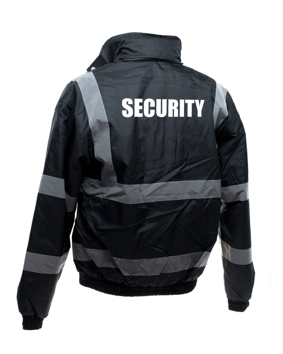 Workwear World WW161 Printed White 'Security' Text Doorman Bouncer SIA Site Enhanced Viz Visibility Bomber Jacket Coat (Large, Black)