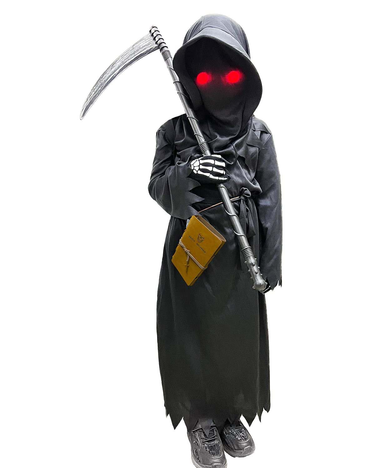 Tosekry Costume Halloween Bambino, Vestito Halloween Bambino Costumi Halloween Bambini con Death Notebook, Tuta, Cappuccio, Occhiali Fosforescenti, Falce e Guanti