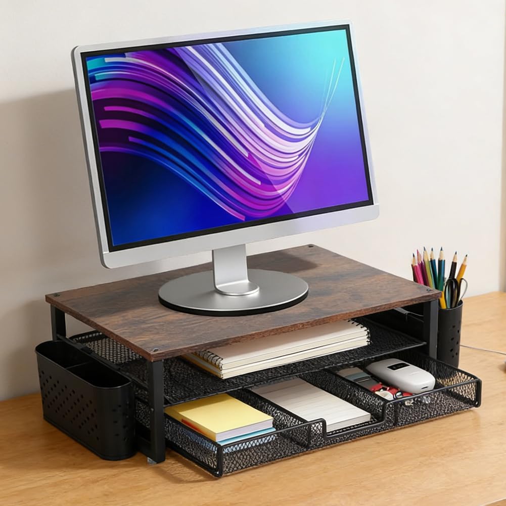 Supporto da scrivania per monitor, organizer da scrivania con 2 portapenne, cassetto, supporto ergonomico da tavolo, accessori da ufficio per schermo e laptop
