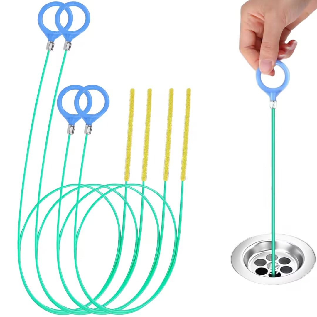 Drain Snake Sink Unblocker Tools(4 Pack), 90cm,130cm, Unbreakable Metal Drain Cleaners and Unblockers, Long/Flexible/Thin Hair Clog Remover to Unclog Bathroom Sink, Tub, Showerbathtubs, drains