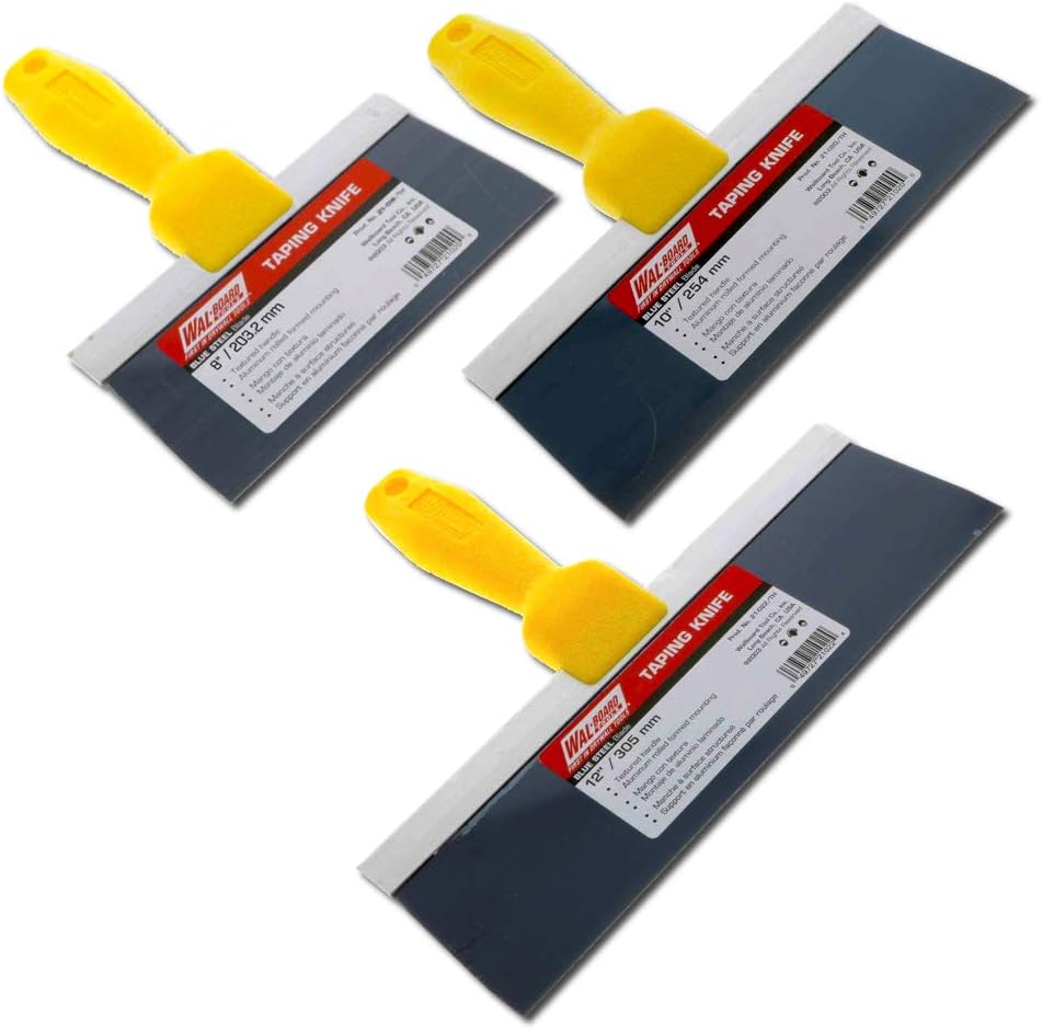 Wall Board Taping Knife Set - 3-Piece Blue Steel Drywall Finishing Knives 8"- 10"- 12"