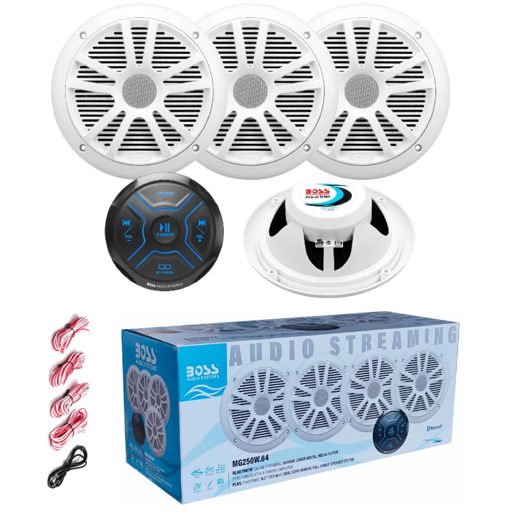 Set pour Boss Audio Systems MG250W.64 1 kit multimédia Bluetooth et Deux Paires d'enceintes 16,5 cm 6,5", 90 Watts rms 180 Watts Max, 1 kit + Accessoires d'installation + câble aux 3,5 mm Offert