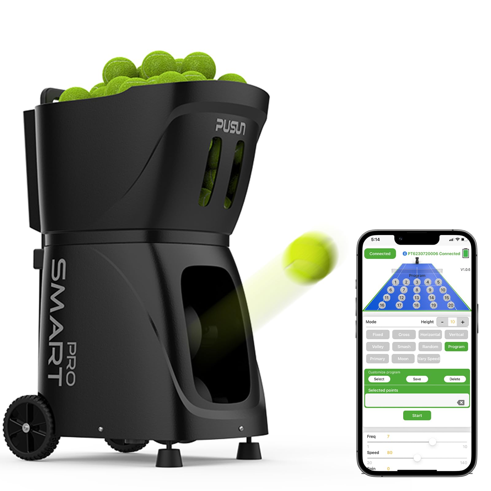 PUSUN PT-Smart-Pro - Macchina intelligente per palline da tennis, servizio automatico con controllo APP/telecomando/iWatch, 12 modalità di servizio, batteria 4-6H per allenamento/coaching (nero)